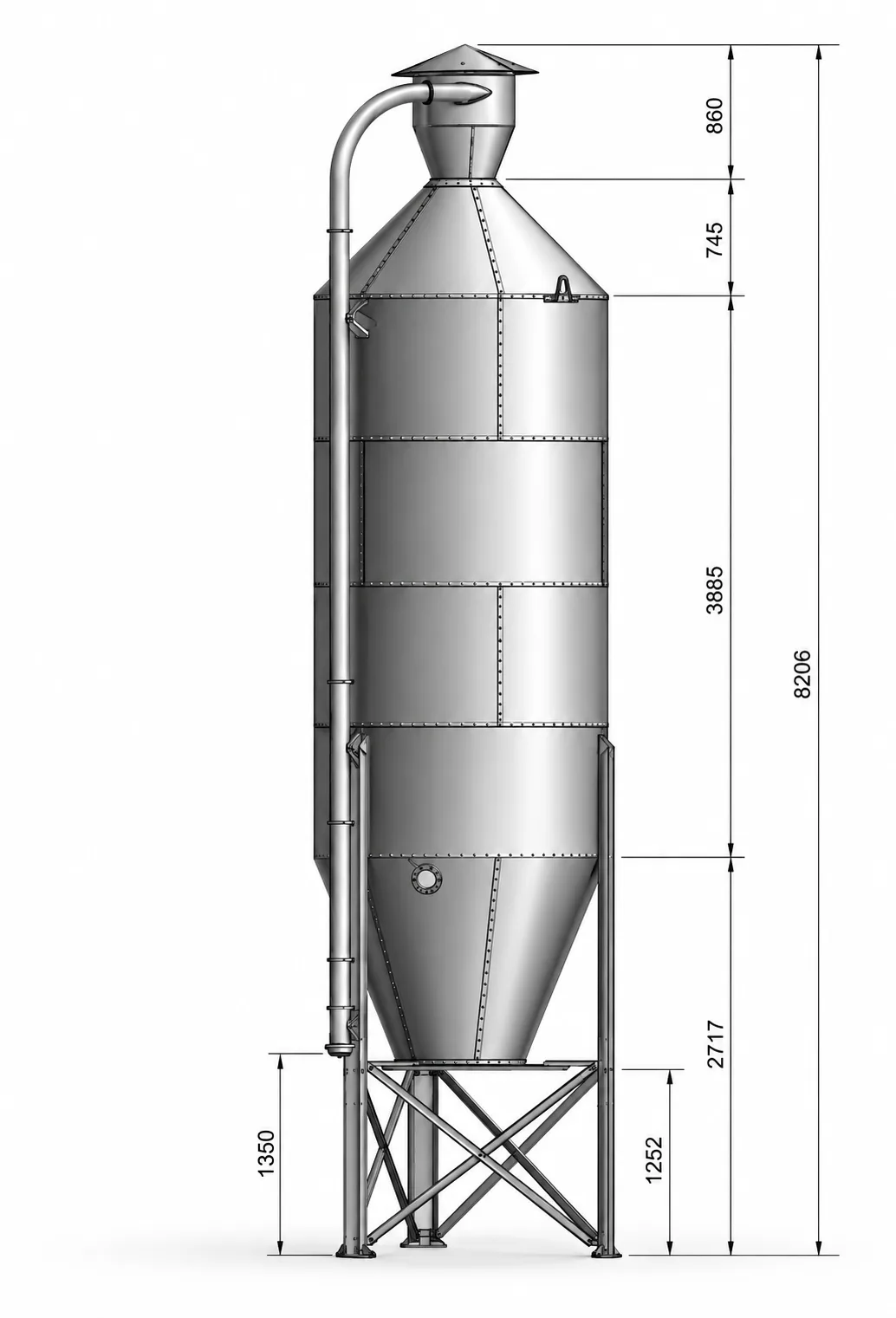 Fodersilo med konisk bunn og målangivelser i millimeter.