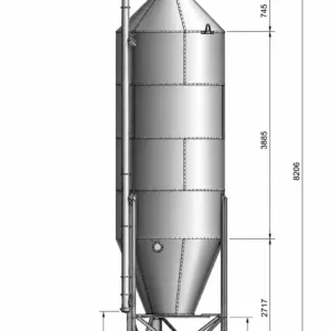 Fodersilo med konisk bunn og målangivelser i millimeter.